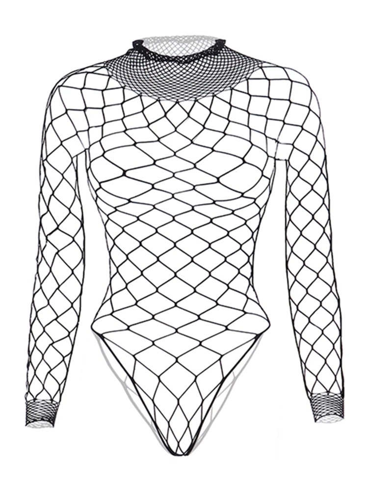 Hollow Out Black Sexy Bodysuits Fishnet Clubwear Long Sleeves Outfits Fashion Slim Chic Summer Y2K Clothes Basic Tights thumbnail 6