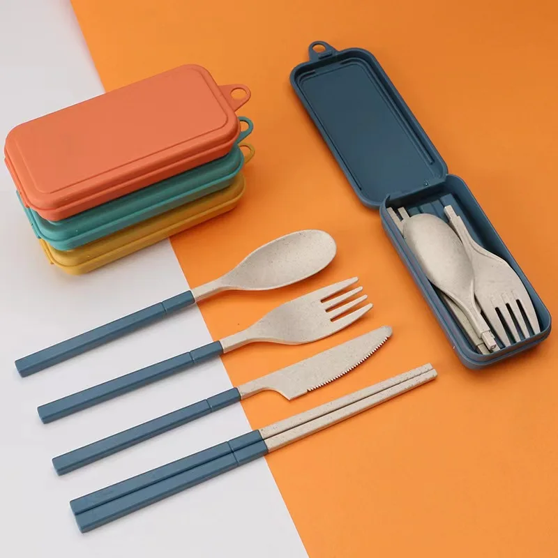 4Pcs Portable Tableware Set Wheat Straw Dinnerware Detachable Cutlery Travel Tableware Picnic Dinnerware Set Camping Cutlery Set thumbnail 2