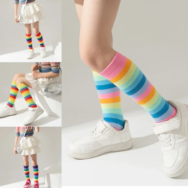 1 Pair 3-12T Kids Fashionable Rainbow Socks Spring Fall Striped Hosiery In Calf Length Children's Socks Girls Sock