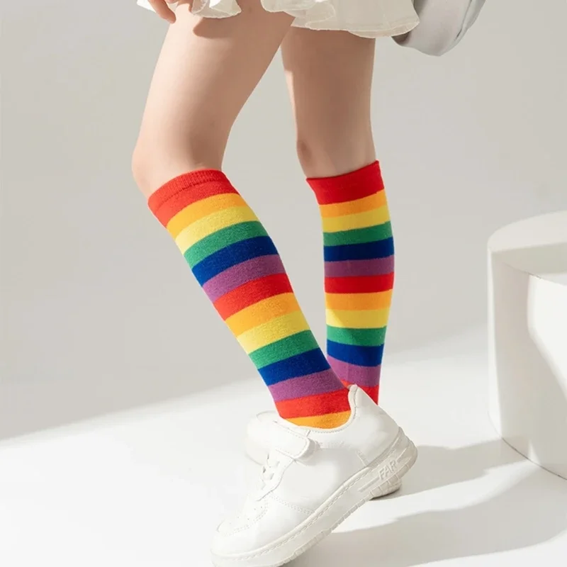 1 Pair 3-12T Kids Fashionable Rainbow Socks Spring Fall Striped Hosiery In Calf Length Children's Socks Girls Sock thumbnail 4