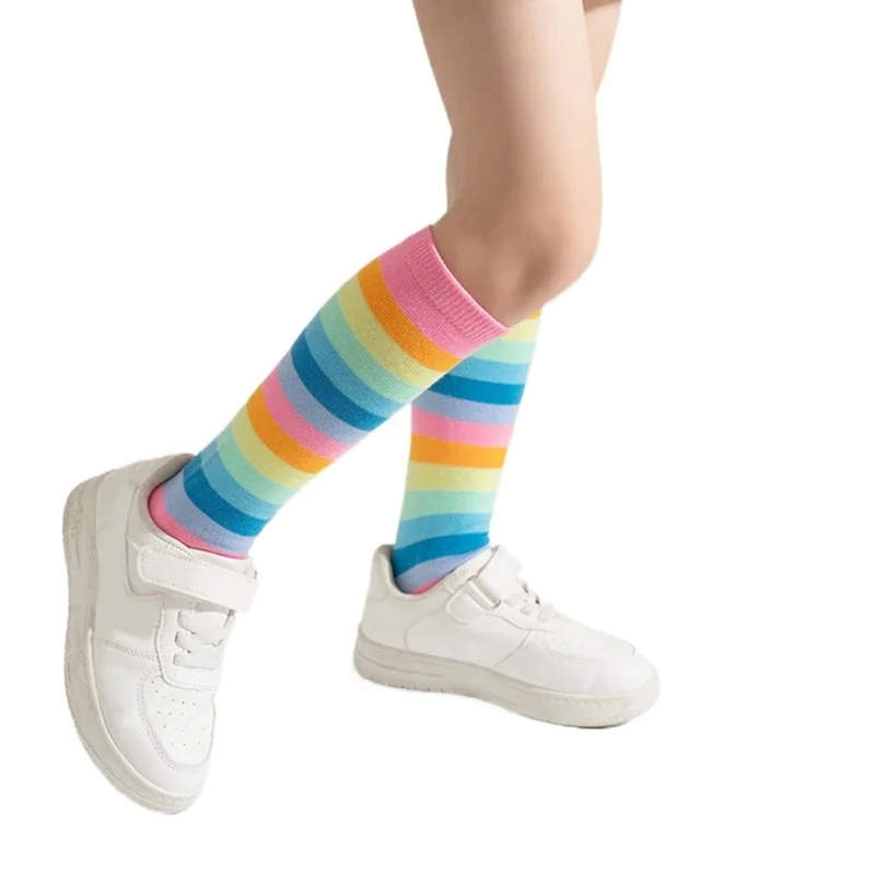1 Pair 3-12T Kids Fashionable Rainbow Socks Spring Fall Striped Hosiery In Calf Length Children's Socks Girls Sock thumbnail 3