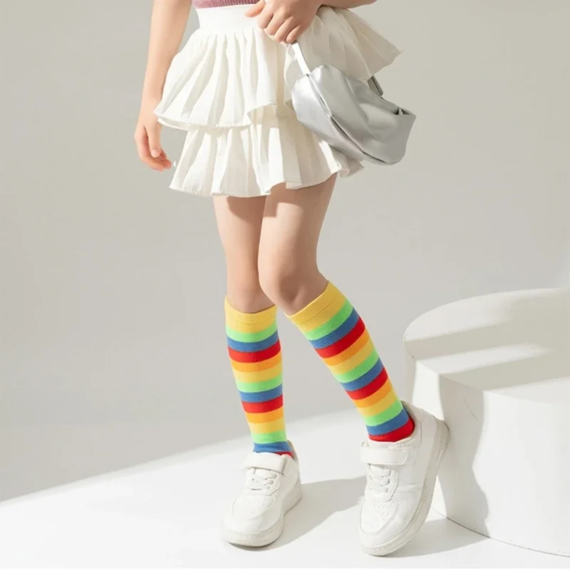 1 Pair 3-12T Kids Fashionable Rainbow Socks Spring Fall Striped Hosiery In Calf Length Children's Socks Girls Sock thumbnail 5