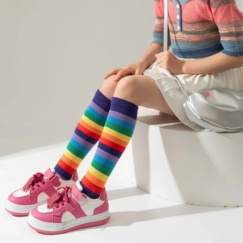 1 Pair 3-12T Kids Fashionable Rainbow Socks Spring Fall Striped Hosiery In Calf Length Children's Socks Girls Sock thumbnail 6