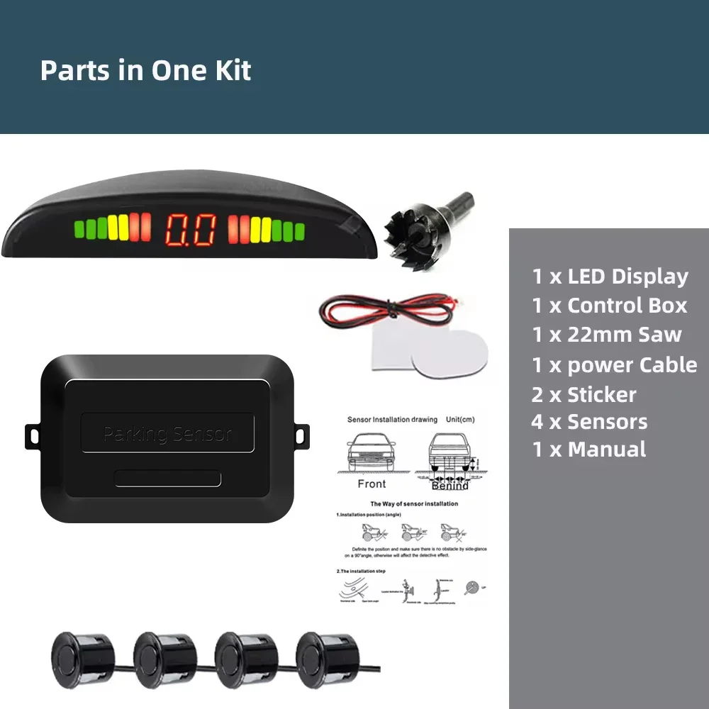 Kmind Car Rear Parking Sensor Kit System 4 Reversing Radar Sensors 12V 22mm Reverse Monitor LED ScreenSound Alert Indicator thumbnail 6