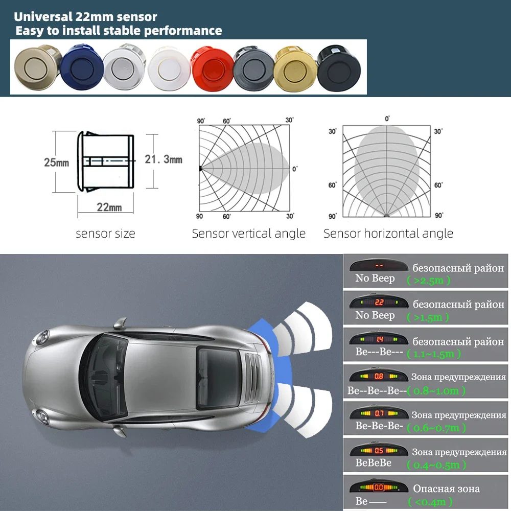 Kmind Car Rear Parking Sensor Kit System 4 Reversing Radar Sensors 12V 22mm Reverse Monitor LED ScreenSound Alert Indicator thumbnail 5
