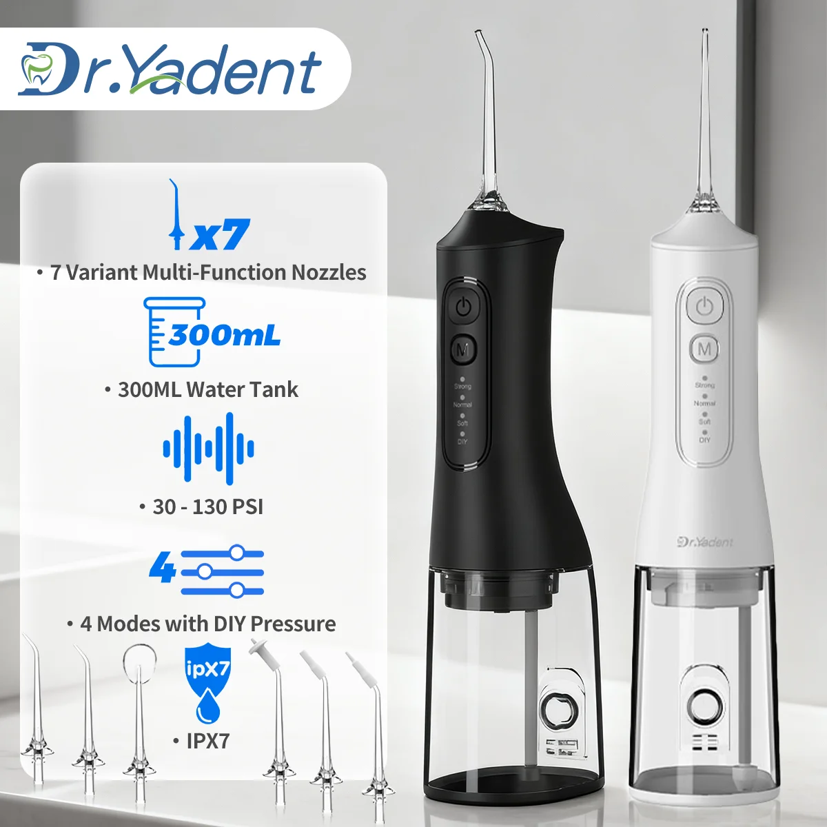 Dr.Yadent YD06 Cordless Oral Irrigator WaterFlosser 300ML Portable Water Jet USB-C Fast Charge 7 Nozzles 4 Modes IPX7 Waterproof
