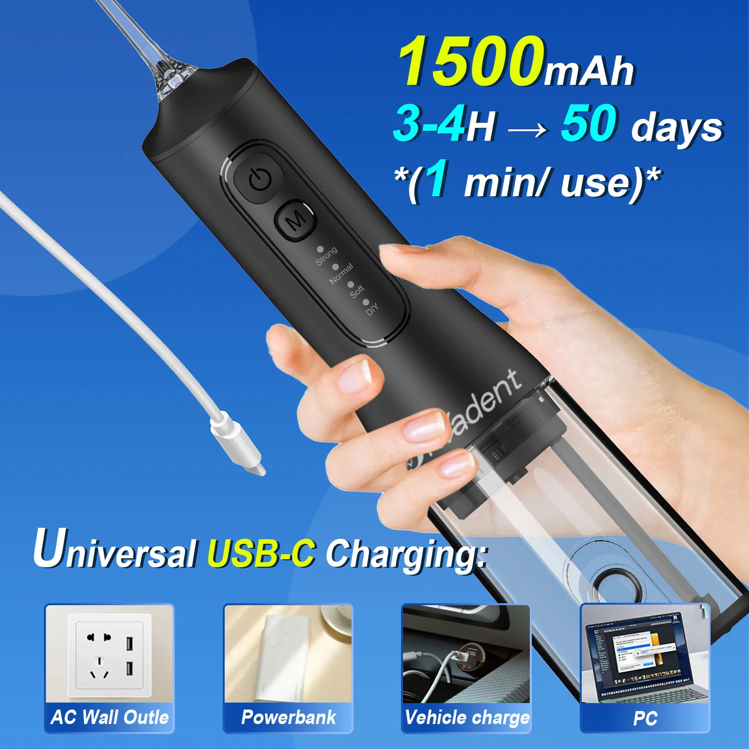 Dr.Yadent YD06 Cordless Oral Irrigator WaterFlosser 300ML Portable Water Jet USB-C Fast Charge 7 Nozzles 4 Modes IPX7 Waterproof thumbnail 6