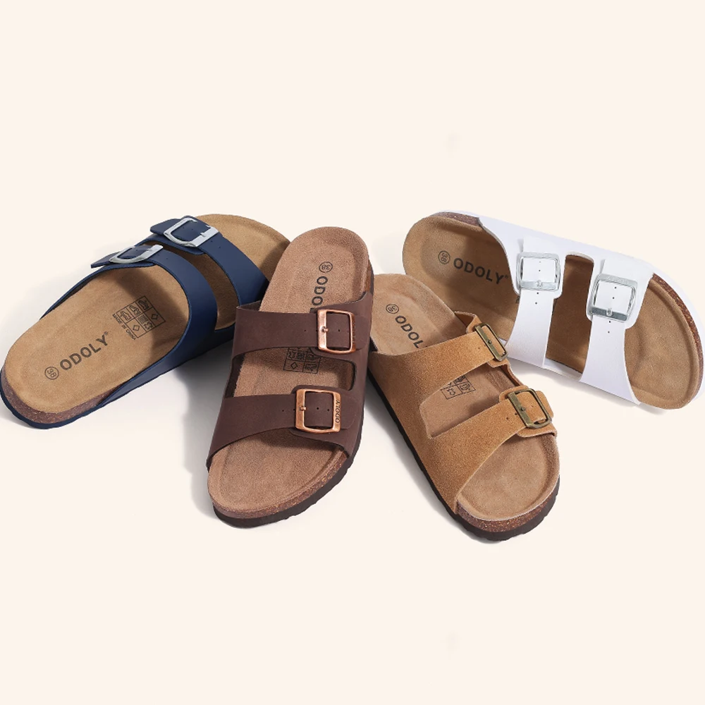 Shevalues Men Classic Leather Sandals Fashion Double Outdoor Beach Shoes Comfort Unisex Cork Footbed Slippers With Arch Support thumbnail 2