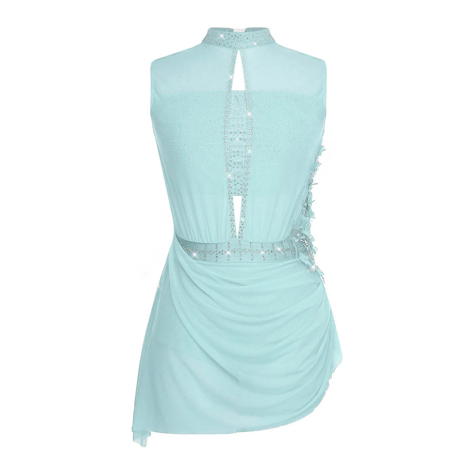 Women Figure Skating Dance Dress Applique Flower Leotards Lyrical Dance Costume Sleeveless Backless Sheer Mesh Overlay Dress