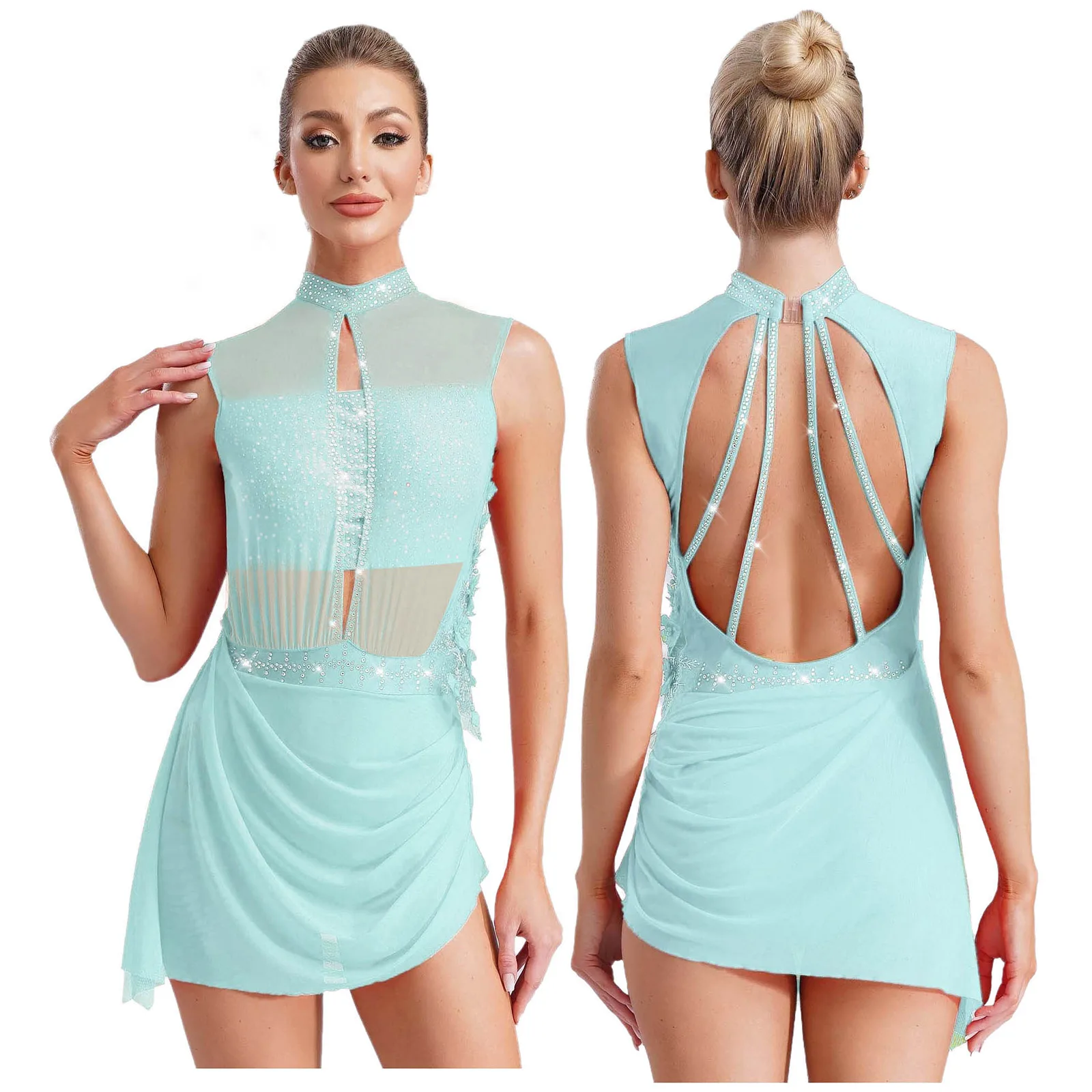 Women Figure Skating Dance Dress Applique Flower Leotards Lyrical Dance Costume Sleeveless Backless Sheer Mesh Overlay Dress thumbnail 2