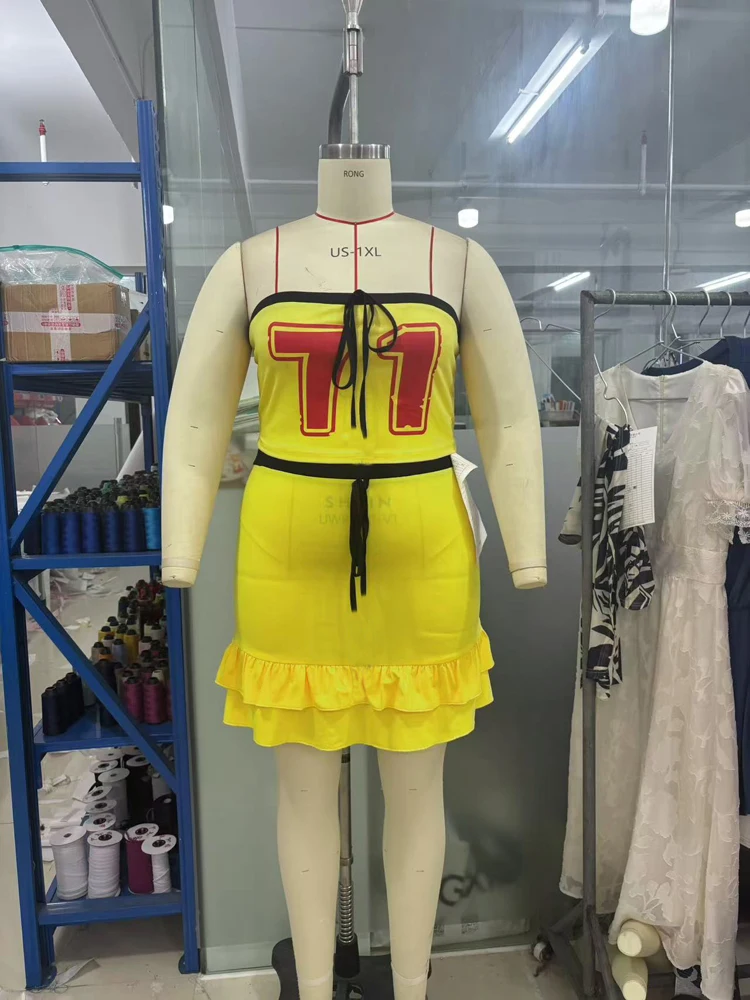 Plus Size 2025 Summer New Spice Girls Letter Bustier Top Lace Up Bowknot Halter Skirt Two Piece Set Trendy Sexy thumbnail 6