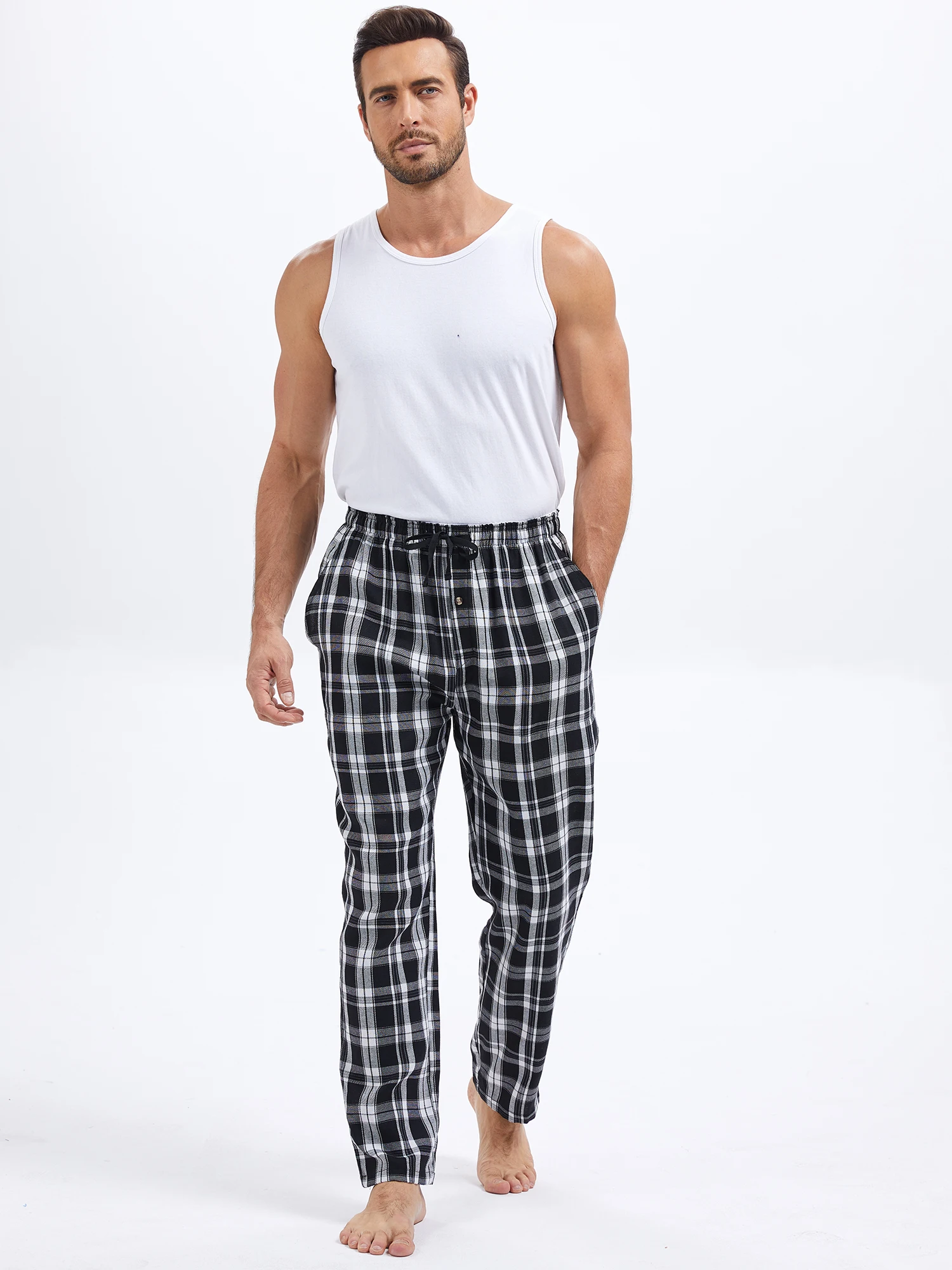 Summer Men's 100% Cotton Plaid Pajama Sleeping Pants, Breathable Long Pajama Pants with Elastic Waist for Homewear Outdoor thumbnail 2