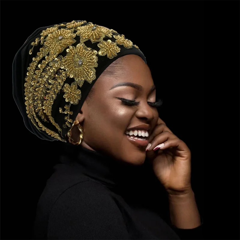 African Female Wrap Head Bonnet Muslim Turban Hat Lady Head Wraps Glitter Luminescence Beading Pleated Turban Cap for Women thumbnail 2