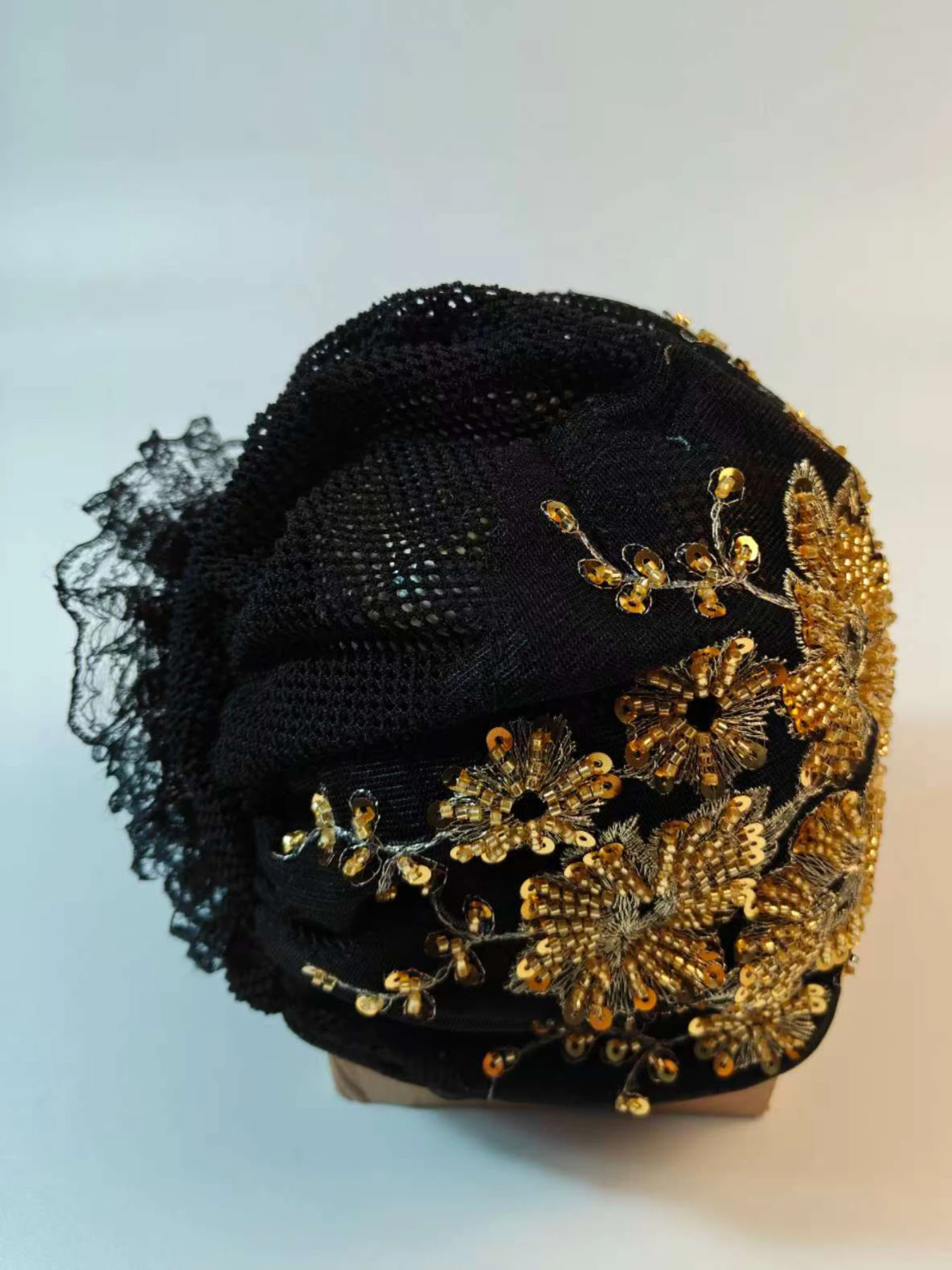 African Female Wrap Head Bonnet Muslim Turban Hat Lady Head Wraps Glitter Luminescence Beading Pleated Turban Cap for Women thumbnail 4