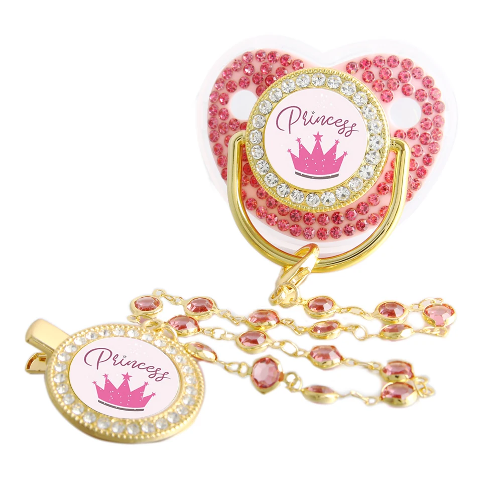 Bling Bling Princess Pacifier With Gem Luxury Weaning Pacifier Baby Nipple With Chain Clip  Newborn Prince Baby Dummy Soother