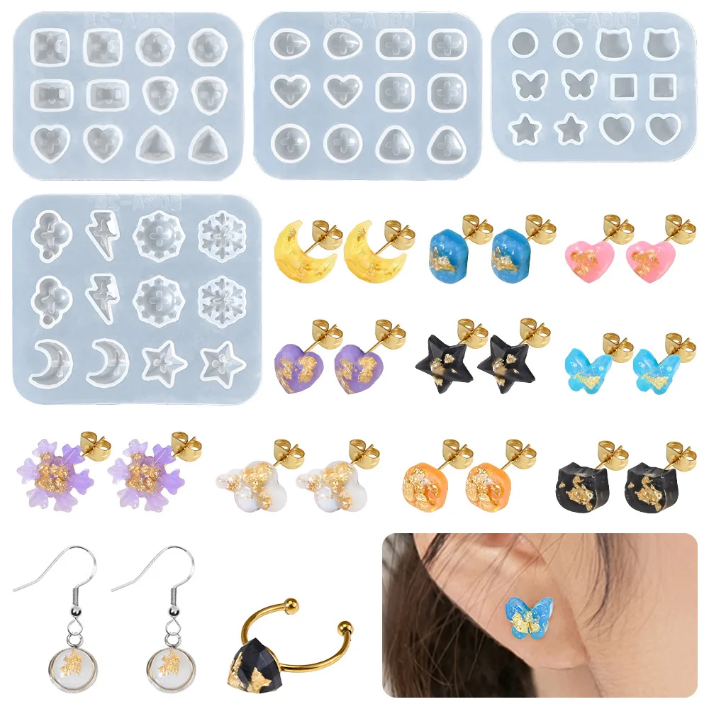 3D Diamond Faceted Rings&Earring Resin Casting Mold DIY Epoxy Jewelry Making Kit with Ear Post Holes Handcrafted Craft Supplies