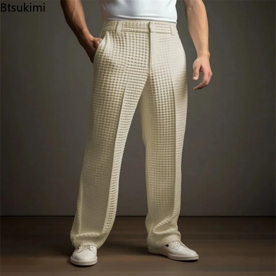 New 2026 Men's Elegant Waffle Suit Pants Solid Loose Straight Trousers Business Social Dress Pants Casual Vacation Pants for Men thumbnail 5