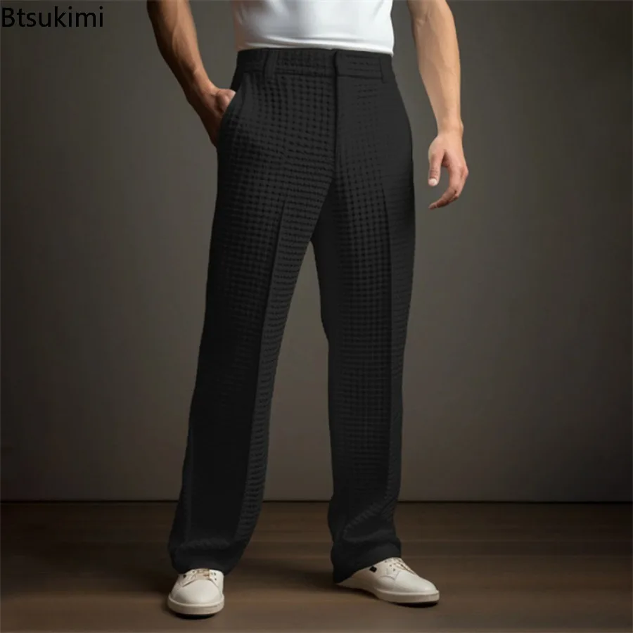 New 2026 Men's Elegant Waffle Suit Pants Solid Loose Straight Trousers Business Social Dress Pants Casual Vacation Pants for Men thumbnail 2