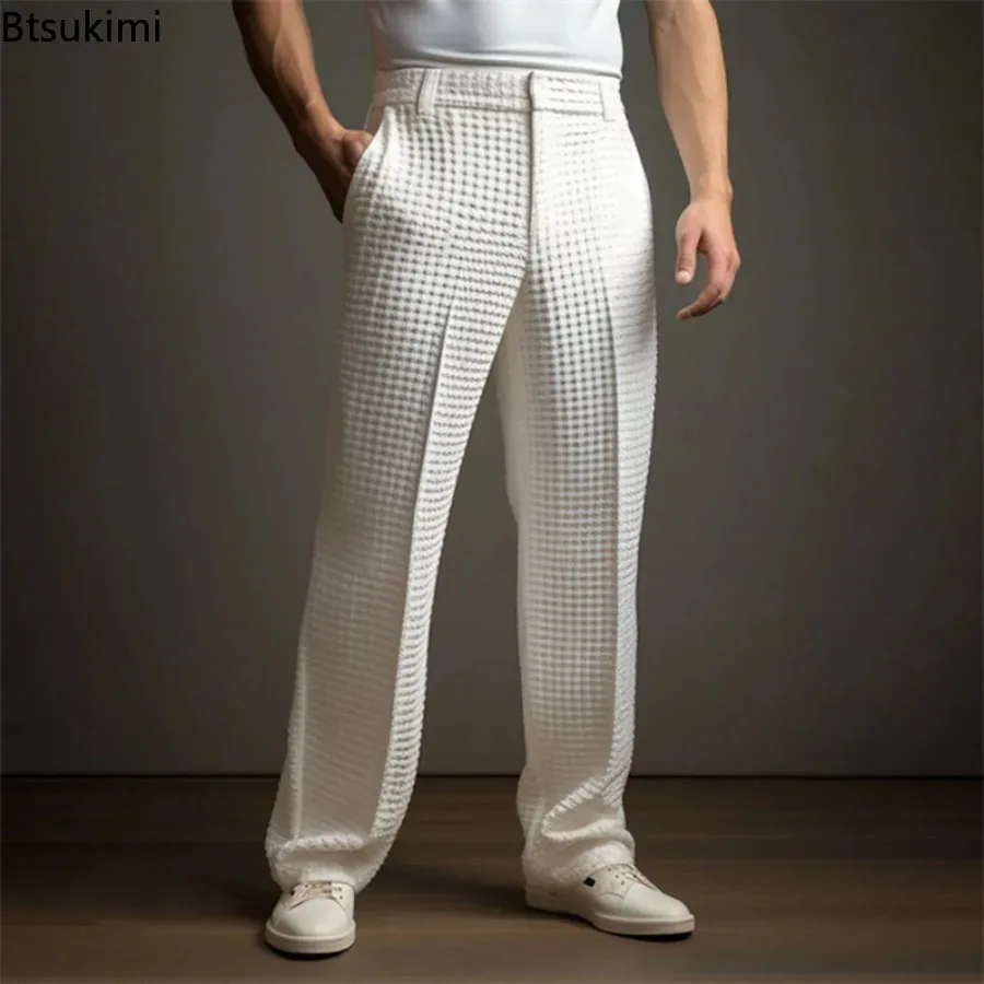 New 2026 Men's Elegant Waffle Suit Pants Solid Loose Straight Trousers Business Social Dress Pants Casual Vacation Pants for Men thumbnail 3