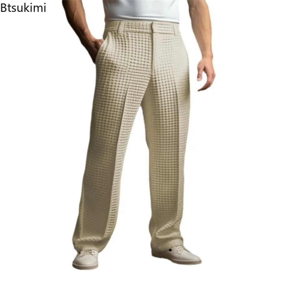 New 2026 Men's Elegant Waffle Suit Pants Solid Loose Straight Trousers Business Social Dress Pants Casual Vacation Pants for Men thumbnail 6