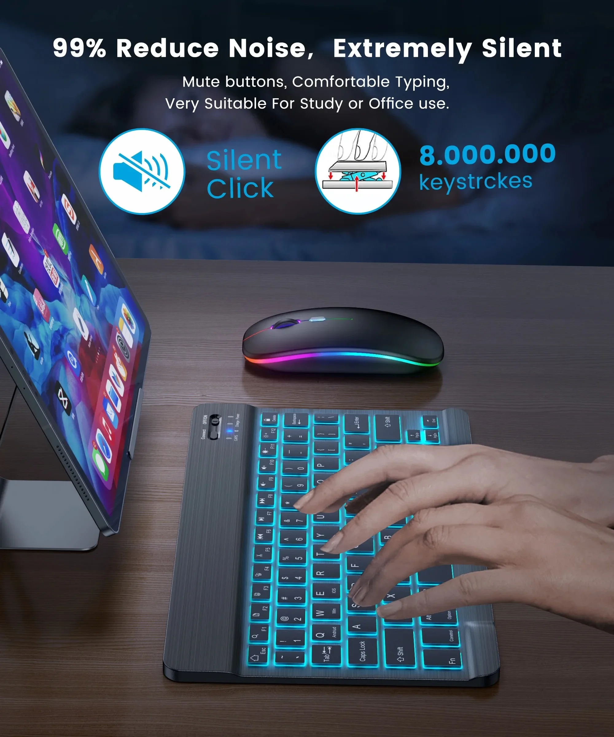 Mini Backlit RGB Bluetooth Wireless Keyboard 2.4G Mouse For Tablet Cell Phone Windows Android iOS Ultra Light Slim iPad Keyboard thumbnail 3