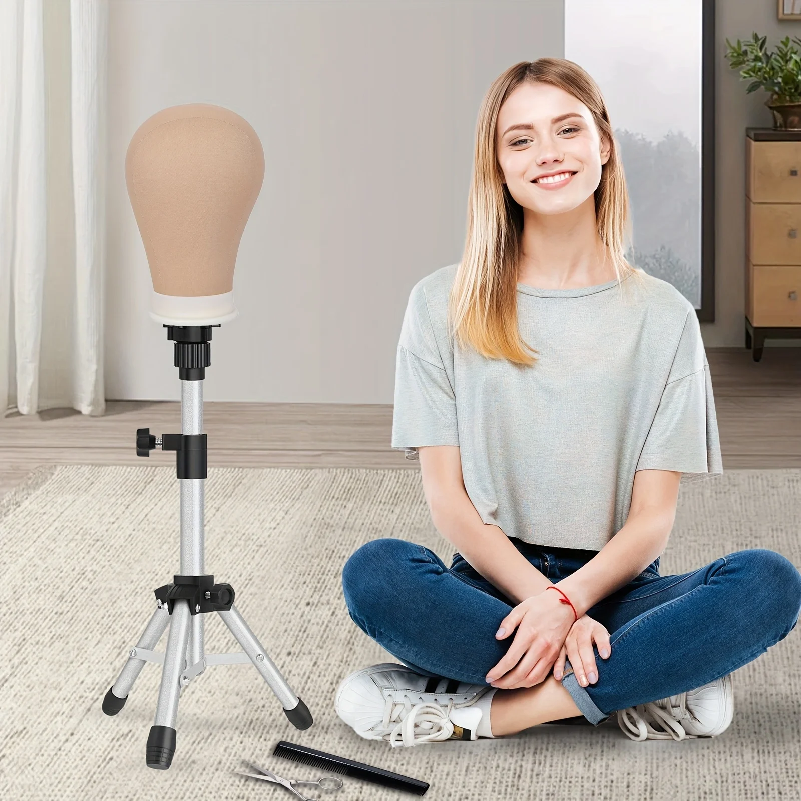 21-24"Training Mannequin Head Canvas Block Head With Adjustable Wig Stand Tripod With Canvas Wig Head Stand Wig Tripod Wig Stand thumbnail 6