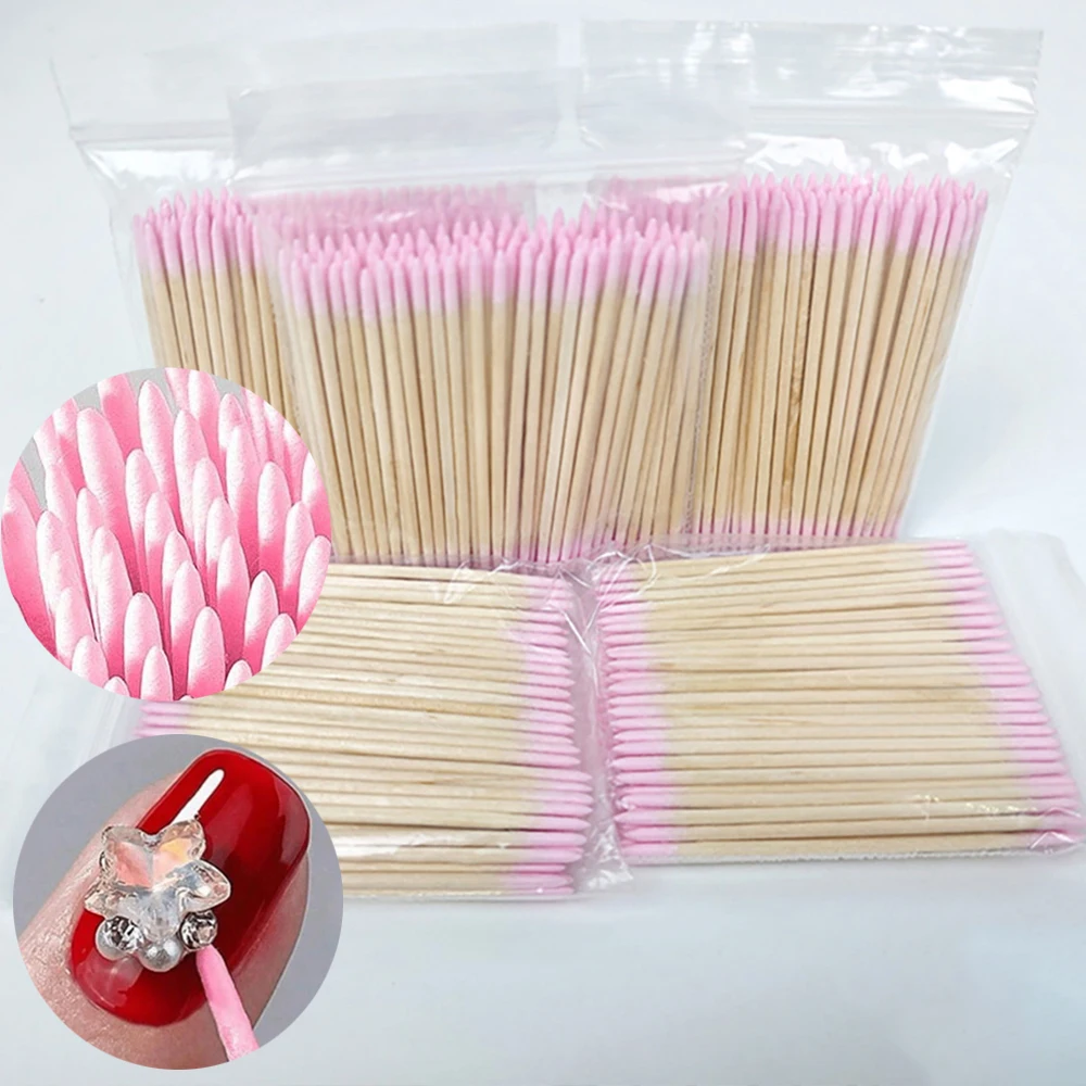 400pcs Pink Double Head Nail Art Cuticle Pusher Remover 7CM Orange Wood Sticks Cotton Swab Clean Tool for Nail Rhinestone Makeup thumbnail 2