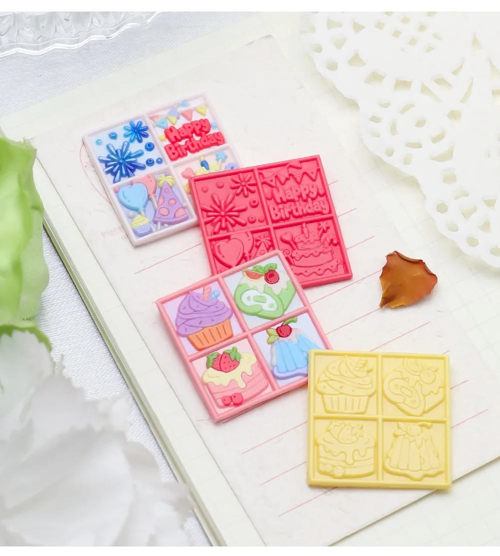 Square 3D Embossed Wax Seal Stamp Desserts/Weather/Shells Vintage Craft Stamp Head For Festival Gift Wrapping Cards Scrapbooking thumbnail 3