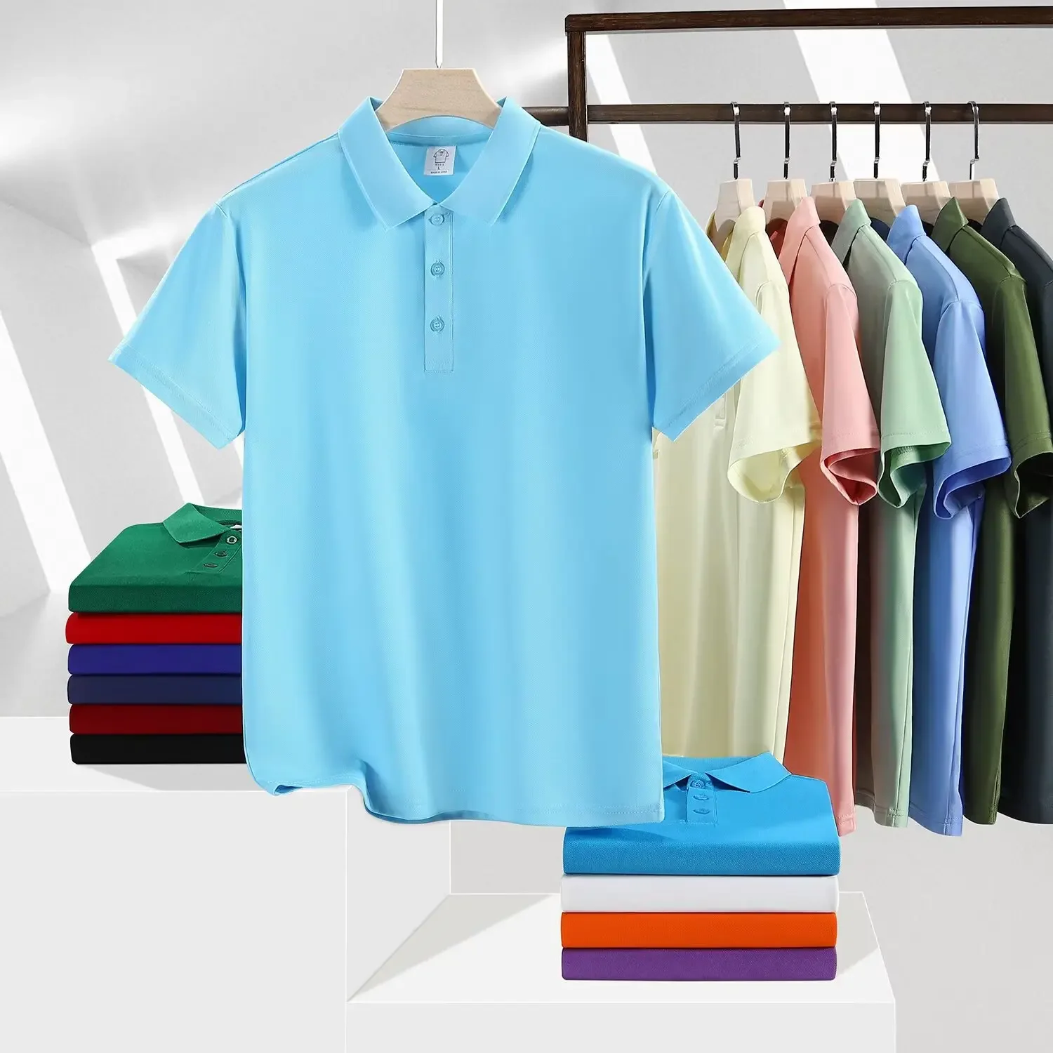 Quick Dry Summer Short Sleeve Polo Shirt Customizable Corporate Logo Printed Pure Color Workwear Breathable Men's Fashion