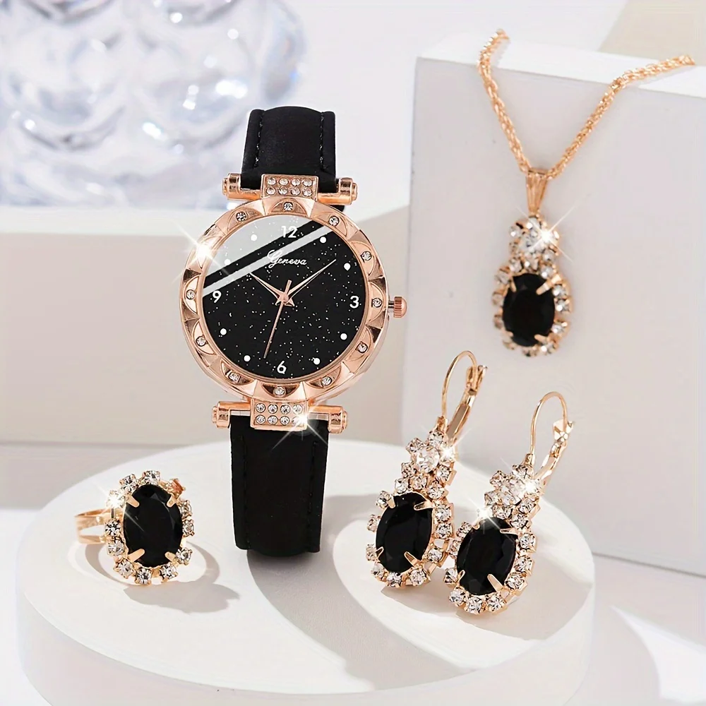 5-piece/set women's sparkling crystal quartz watch simulation PU leather watch and jewelry set