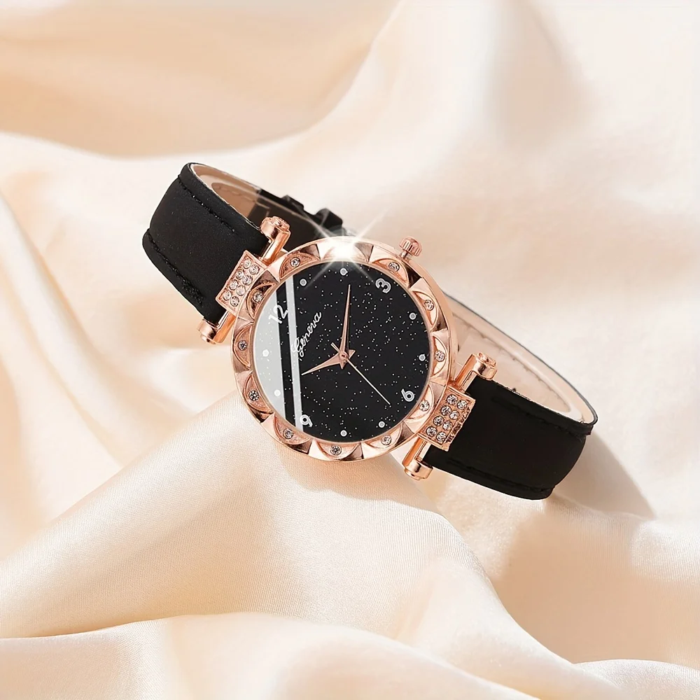 5-piece/set women's sparkling crystal quartz watch simulation PU leather watch and jewelry set thumbnail 2