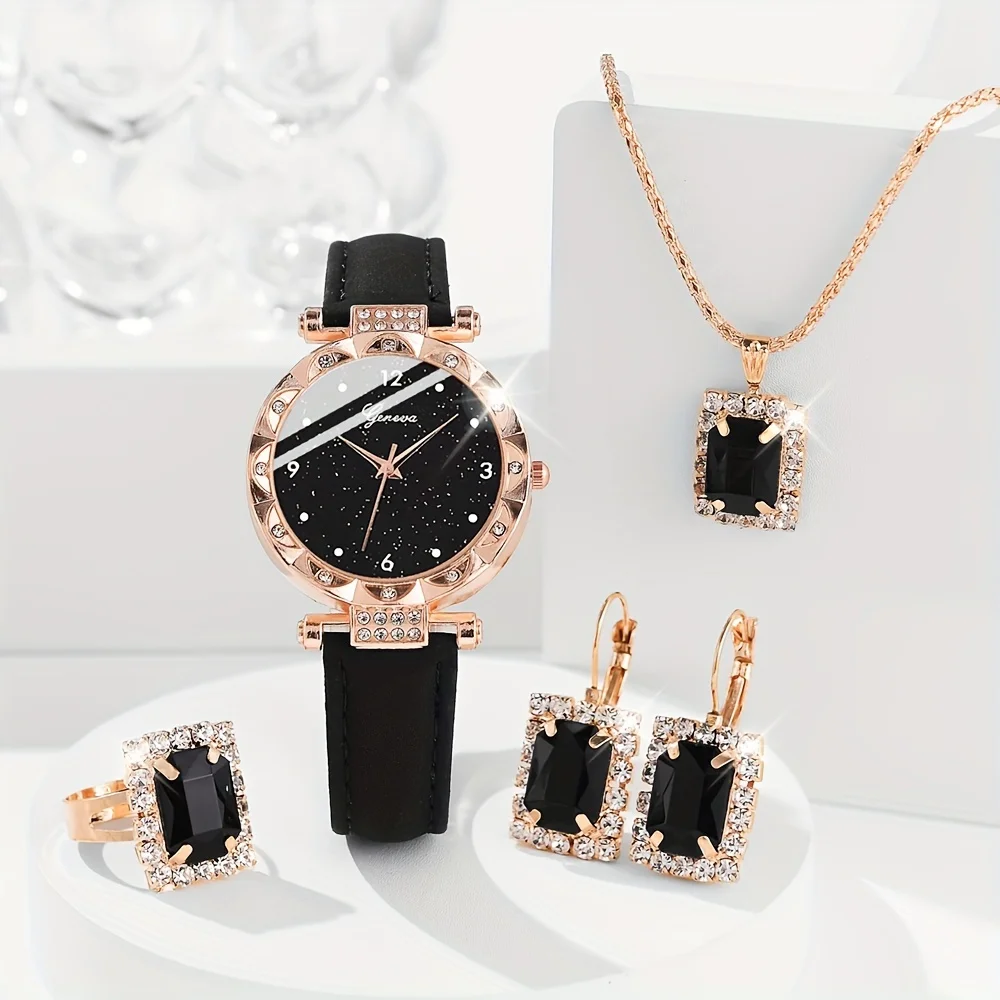 5-piece/set women's sparkling crystal quartz watch simulation PU leather watch and jewelry set thumbnail 5