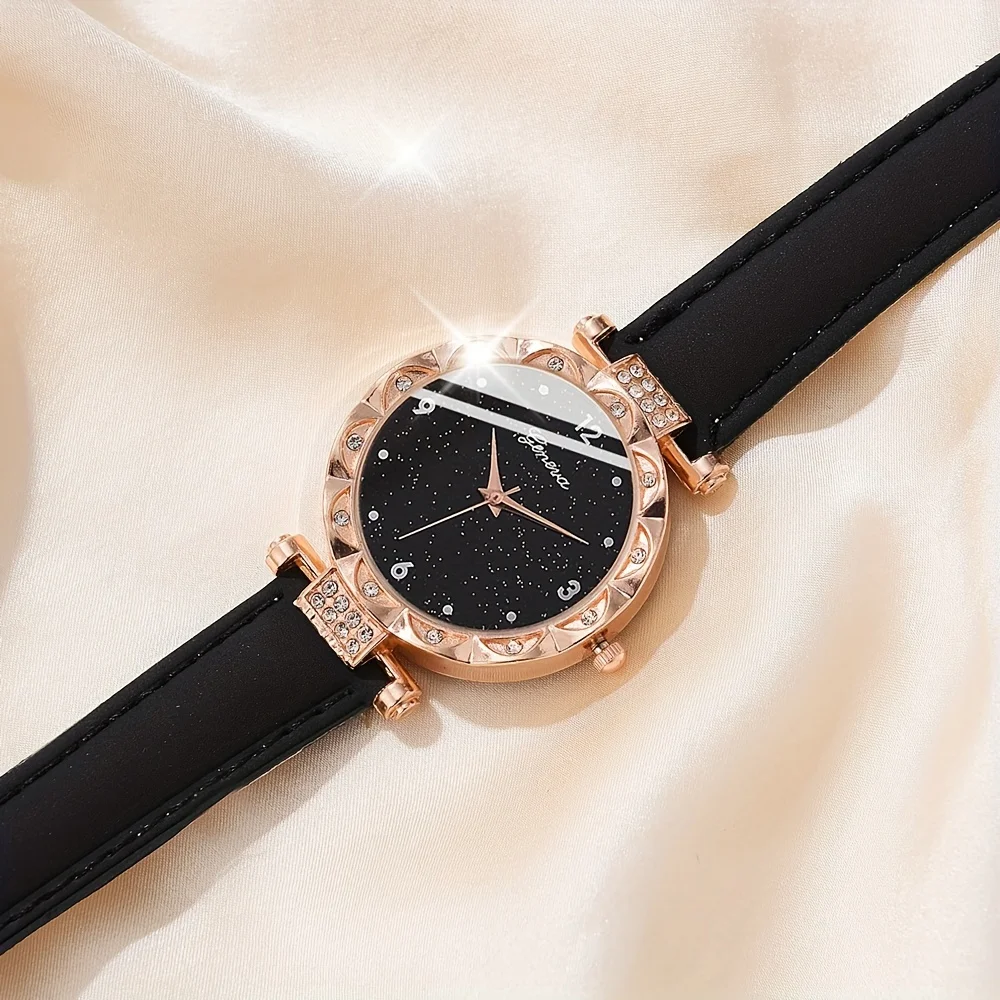 5-piece/set women's sparkling crystal quartz watch simulation PU leather watch and jewelry set thumbnail 4