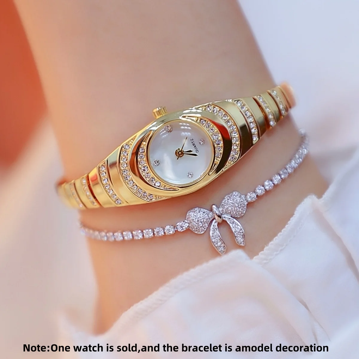 2pcs new women's watch simple rhinestone round dial alloy quartz watch set thumbnail 2