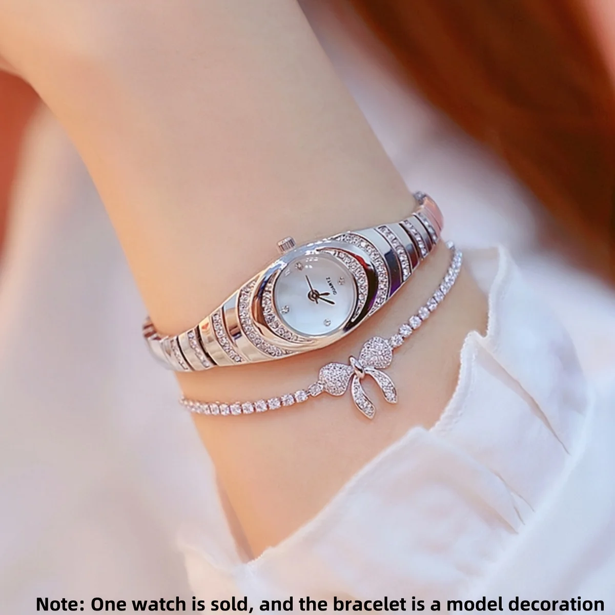 2pcs new women's watch simple rhinestone round dial alloy quartz watch set thumbnail 4