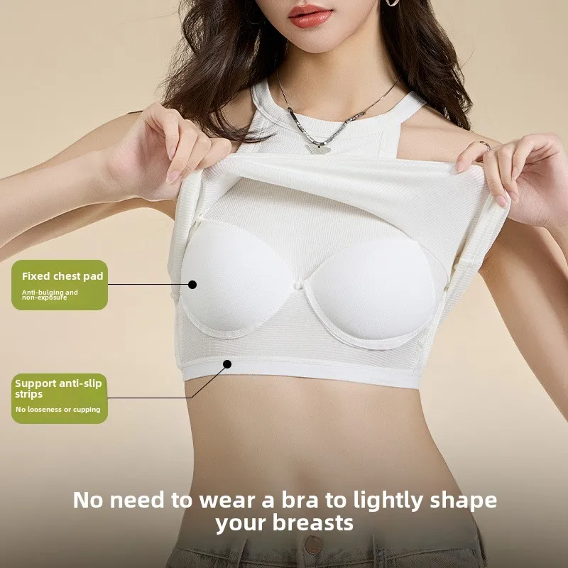 Threaded Halter Neck Camisole Top With Build-in Bra High Elastic Slim-fitting Sling Fixed Cup Breathable Women Underwear thumbnail 3