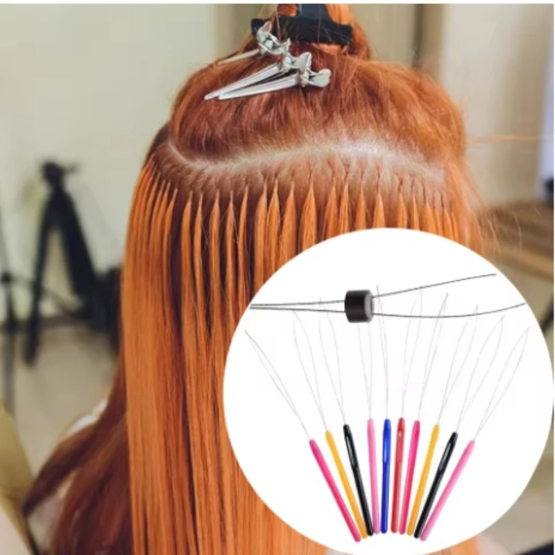 10 pcs Hair Extensions Loop Needle Pulling Hook Tool Needle Threader Loop Tool for Silicone Microlink Beads thumbnail 2