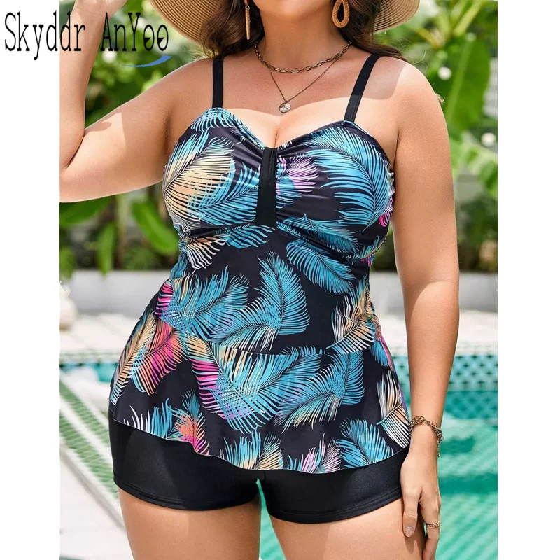 Plus Size Women's Tankini Swimsuit 2025 Vintage Printed 2 Piece Bathing Suit High Waisted Swimwear Beach Outfits