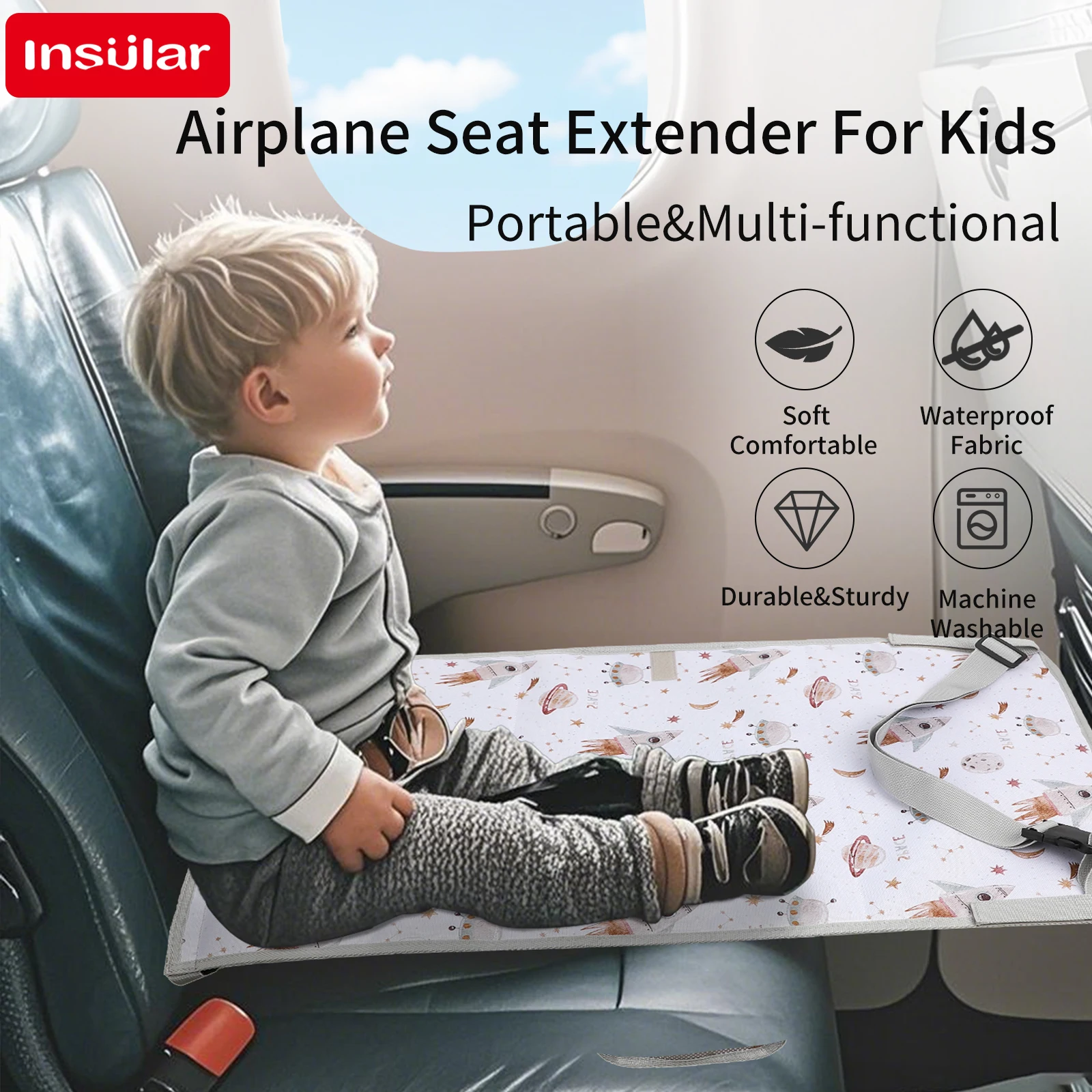 INSULAR Airplane Seat Extender Waterproof Children Plane Seat Extension Pad Cartoon Kids Plane Travel Hammock Bed Easy To Clean