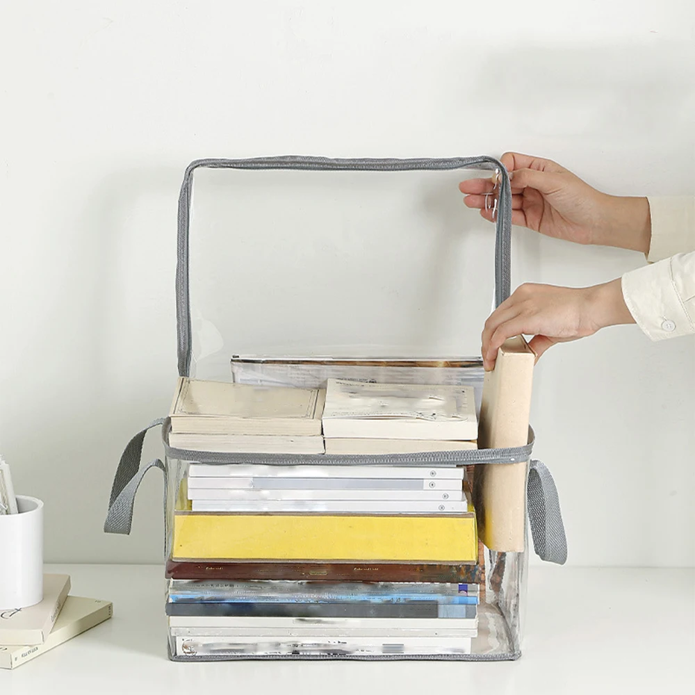 Clear PVC Book Storage Bag - Transparent, Dustproof, High Quality, Foldable Organizer with Handles for Books and magazine thumbnail 3