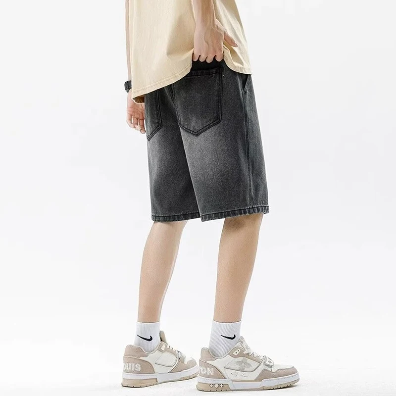 Men Casual Denim Shorts Male New Elastic Waist Straight Leg Comfortable Light Blue Soft Short Pants Baggy Wide Leg Jeans thumbnail 4