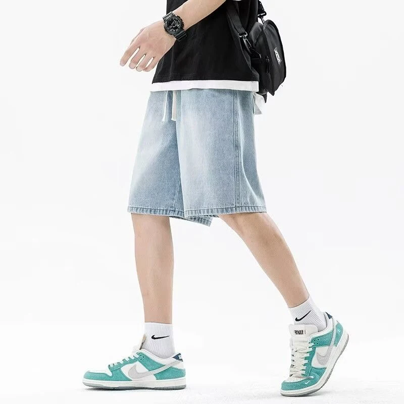 Men Casual Denim Shorts Male New Elastic Waist Straight Leg Comfortable Light Blue Soft Short Pants Baggy Wide Leg Jeans thumbnail 3
