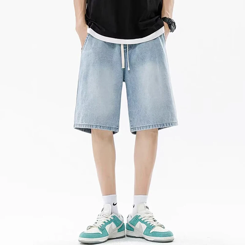 Men Casual Denim Shorts Male New Elastic Waist Straight Leg Comfortable Light Blue Soft Short Pants Baggy Wide Leg Jeans thumbnail 2