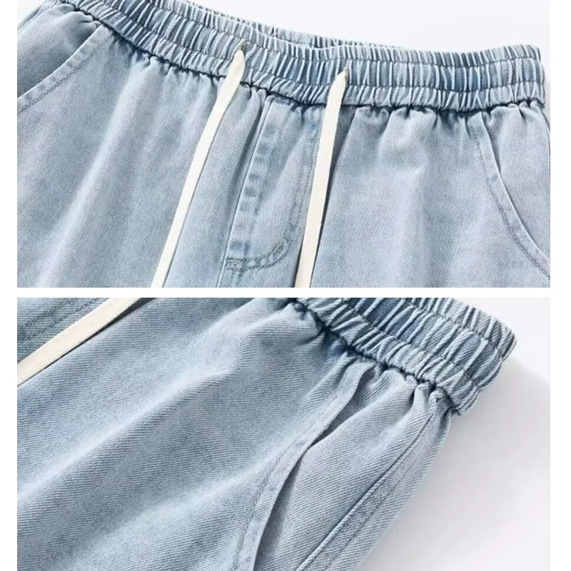 Men Casual Denim Shorts Male New Elastic Waist Straight Leg Comfortable Light Blue Soft Short Pants Baggy Wide Leg Jeans thumbnail 6