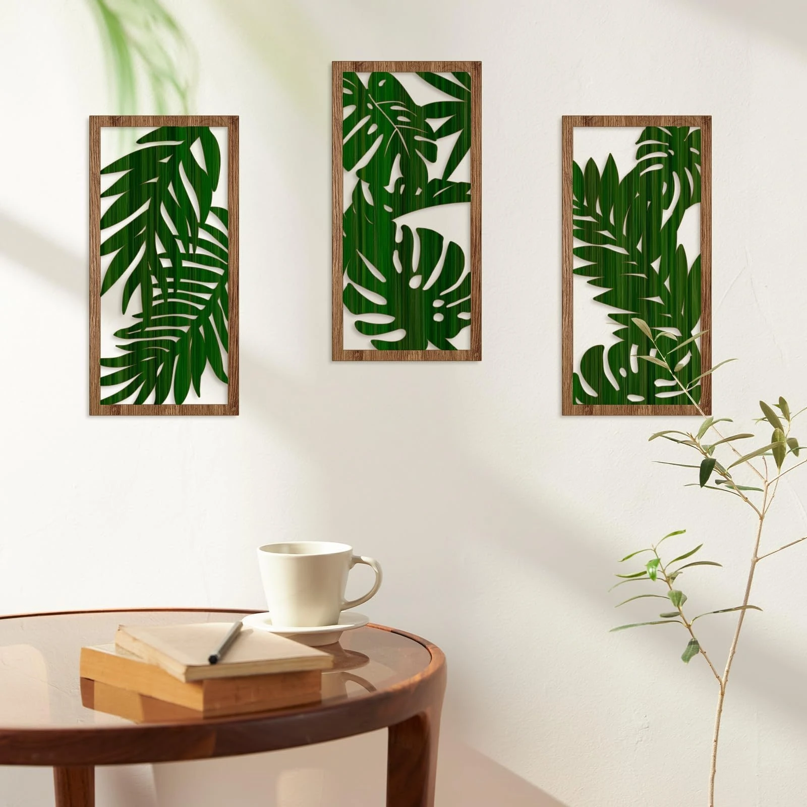 3pcs Boho style Hollow Wood Retro Rustic Leaf Pattern Wall Hanging Art Living Room Bedroom Wall Hanging Home Decoration thumbnail 4