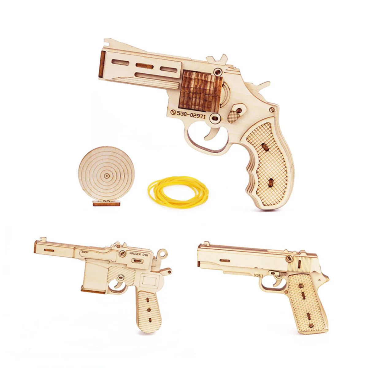 Wooden Pistol Model Kit DIY Building Game Toy with Elastic Band, Shooting 3D Puzzle Gun Creative Gift 1911 Revolver