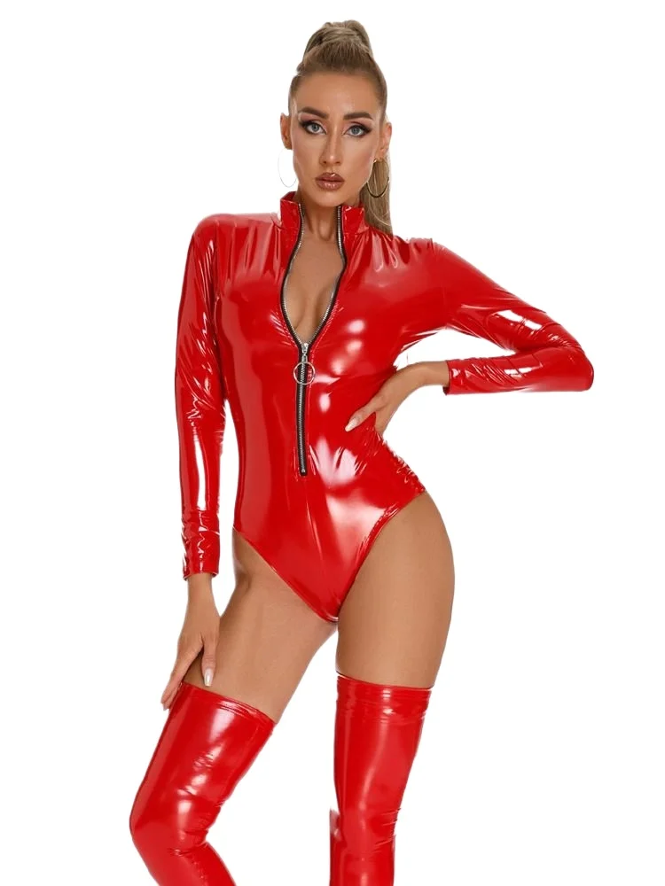 Sexy Sleeveless Shiny PU Faux Leather Catsuit Swimsuit Zipper Open Crotch Bodysuit Tights Hot Sexy Body Teddie Leotard Clubwear thumbnail 4