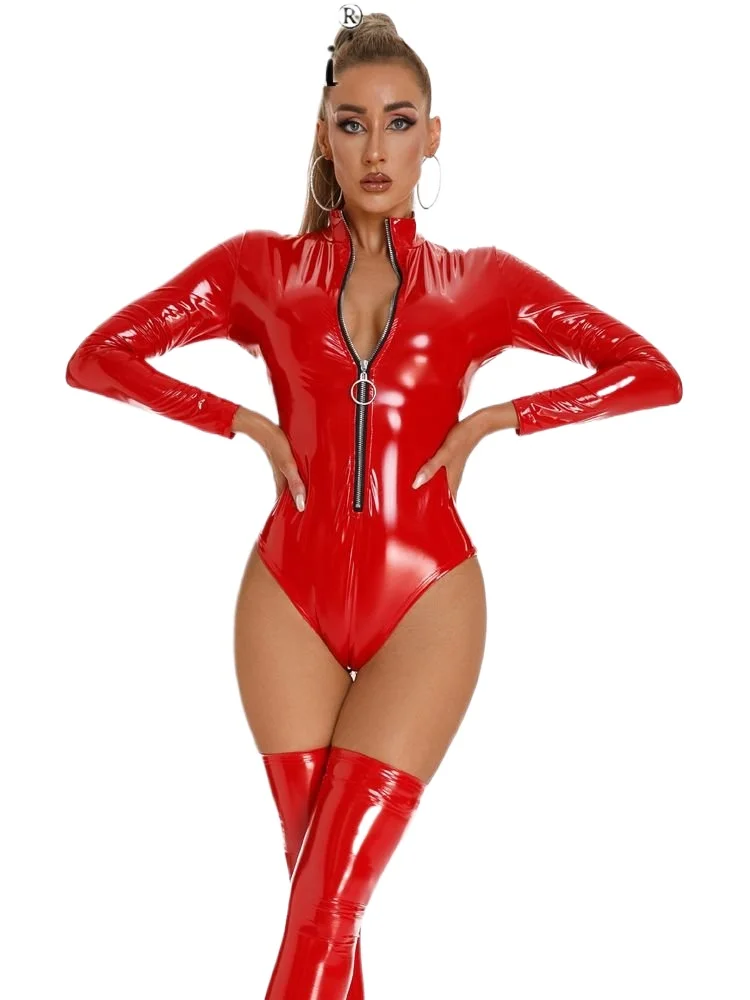 Sexy Sleeveless Shiny PU Faux Leather Catsuit Swimsuit Zipper Open Crotch Bodysuit Tights Hot Sexy Body Teddie Leotard Clubwear thumbnail 5