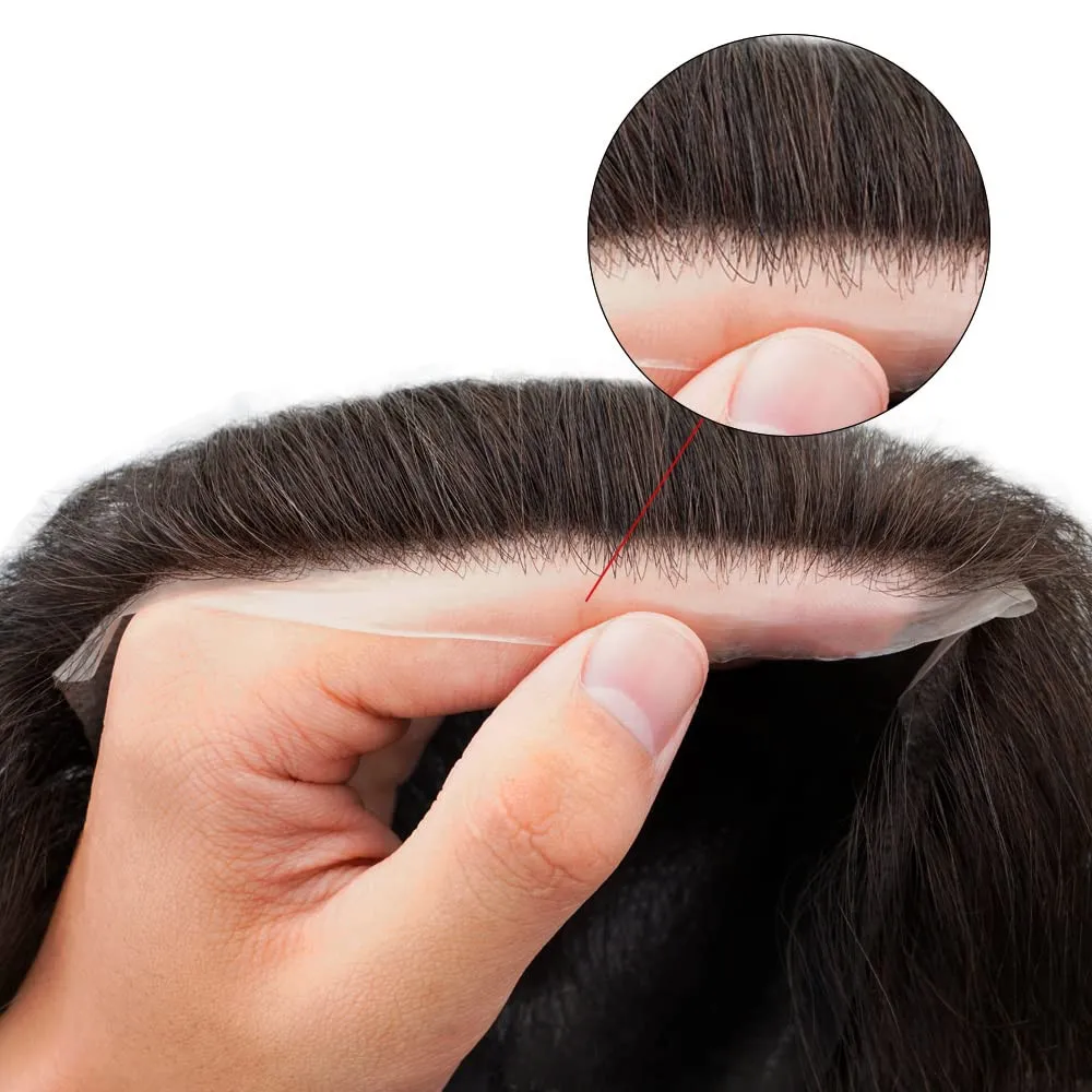 Hotsale 100% Human Hair Piece Men Topper  V Loop Super Thin Skin PU Front Line Forehead System Toupee Patch Wig for Men thumbnail 4