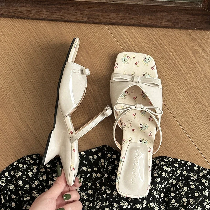 New Summer Mid Heels Slippers Square Head Open Toe Pumps Flower Pink Bow Wedge Sandals for Women Slip On Shoes Wear Sandalias thumbnail 2